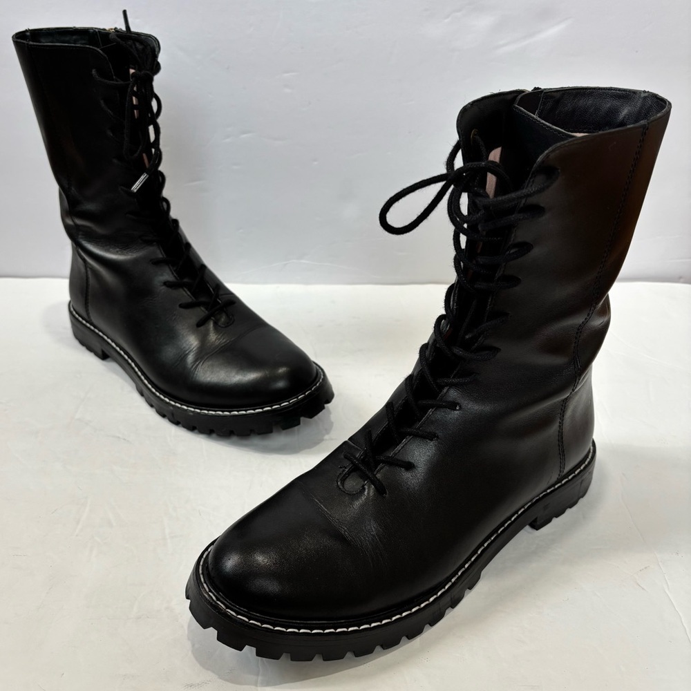 J. Crew black leather lace up zipper side tall shaft western combat moto boots 7